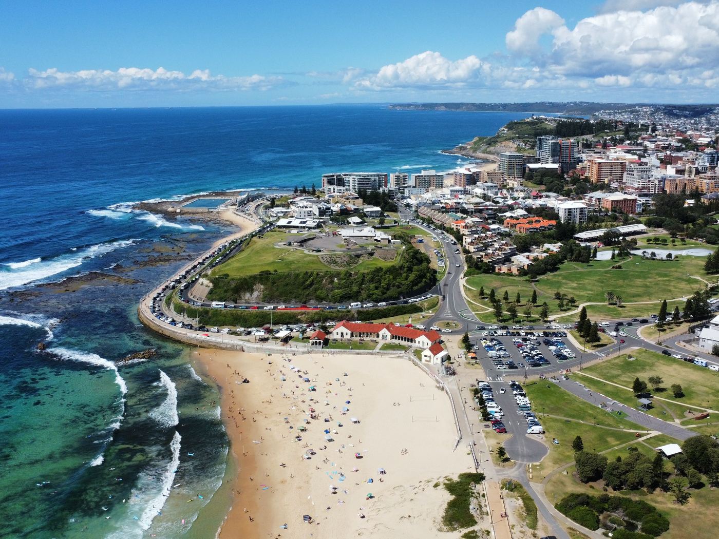 Newcastle Beach, Fort Scratchley and the city skyline from the air
